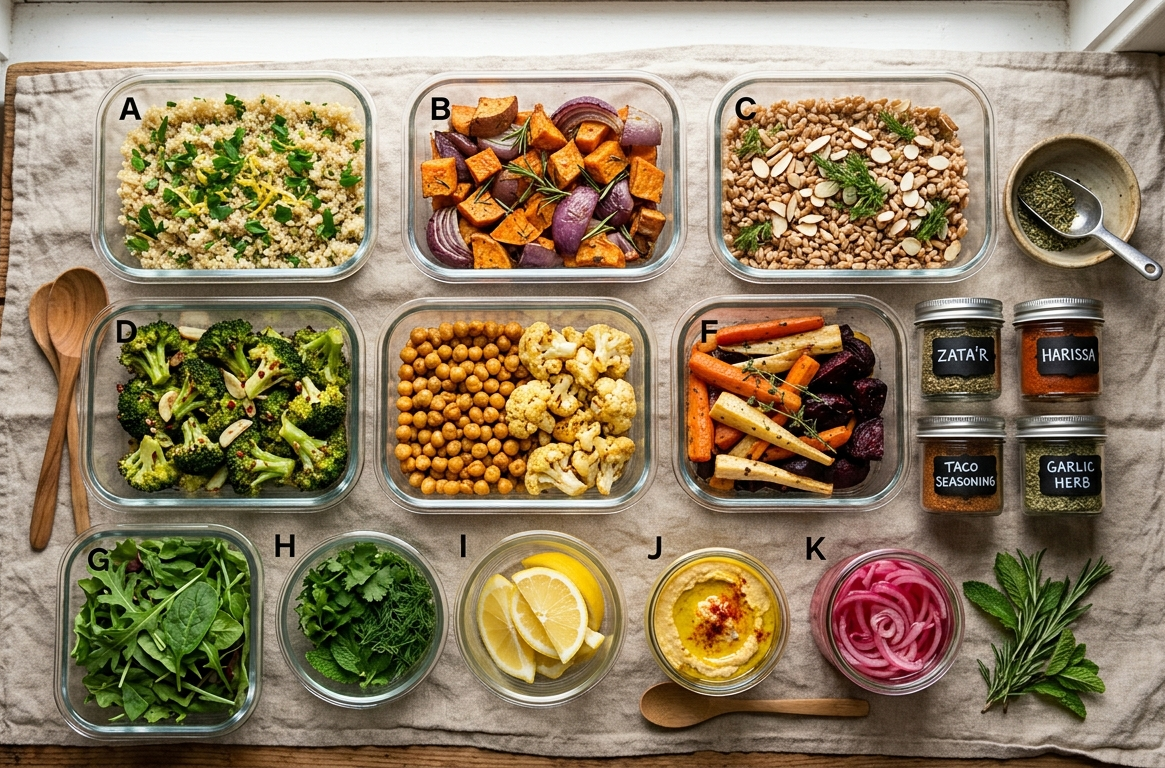 Preparare de meal prep cu legume, cereale și condimente într-o lumină naturală